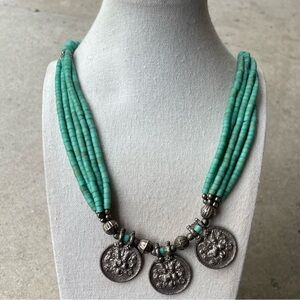 Vintage Heishi Multi Bead Necklace Turkmen turquoise beads silver tone coins
